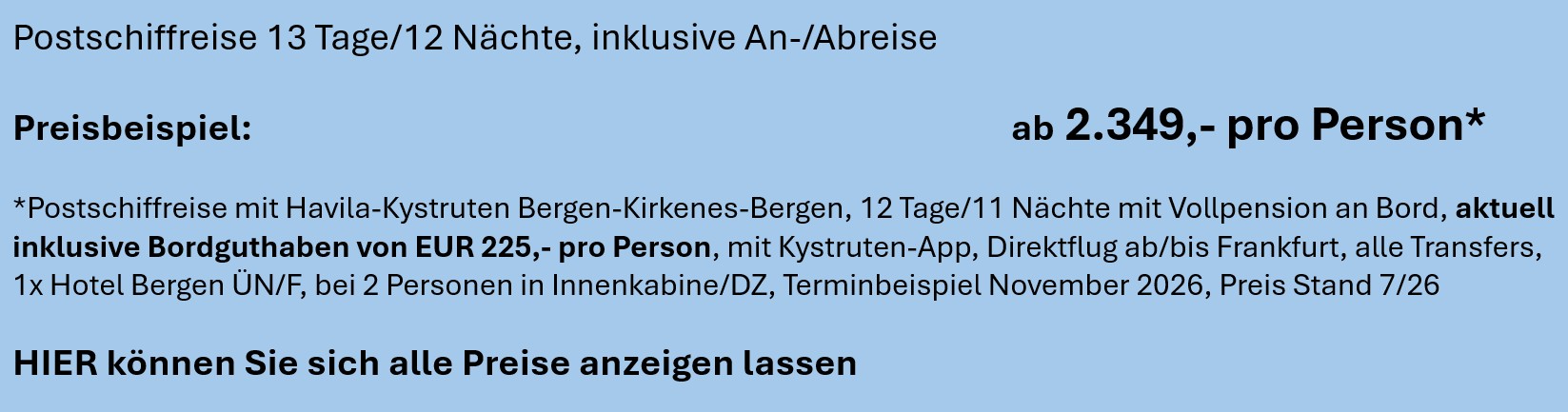 Preise Havila-Kystruten Abfrage